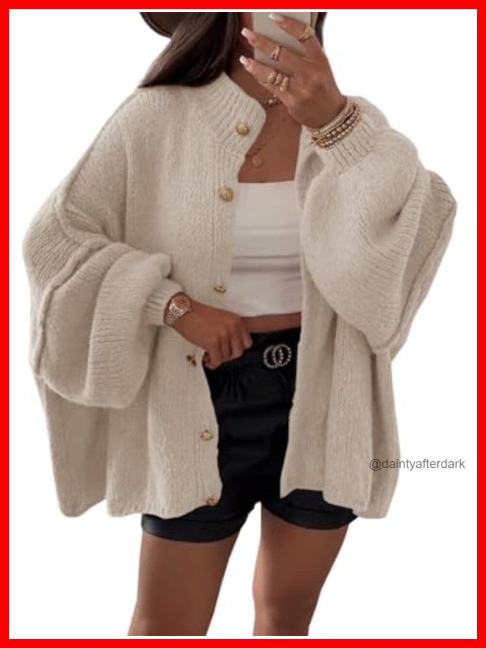 Women Oversized Button Down Cardigan Lantern Sleeve Chunky Knit Sweater Coat